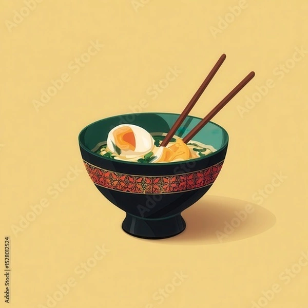 Obraz Bowl of ramen noodles with egg and chopsticks.