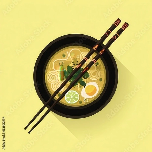 Obraz Noodle soup in a dark bowl with chopsticks.