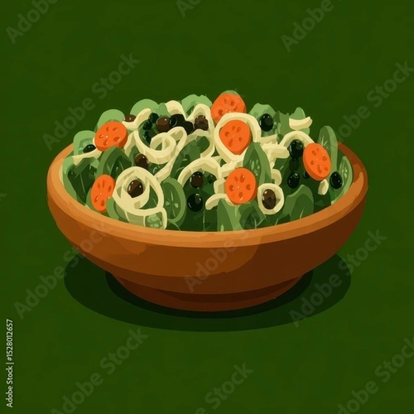 Obraz A colorful illustration of a mixed green salad in a wooden bowl.