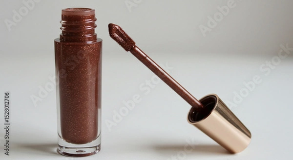 Fototapeta Minimalist packaging of brown lip gloss on minimalist background, chocolate tone, makeup, cosmetics, wet effect