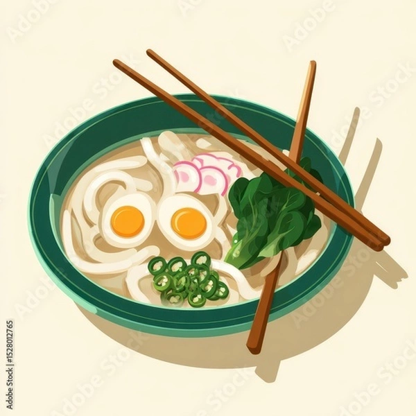 Obraz Illustration of a bowl of udon noodles with toppings.