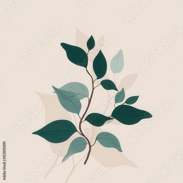 Obraz Delicate branch with leaves in muted greens and beige.