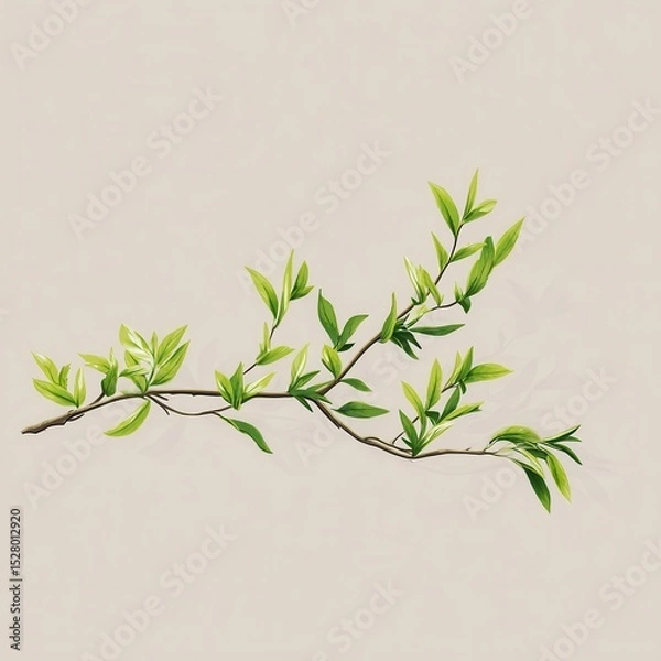Obraz Delicate branch with fresh spring leaves against a light background.