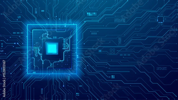 Fototapeta Abstract technology background with blue circuit board, semiconductor, and electronics components. AI chip with bright light core. Digital tech background. Vector illustration. Artificial Intelligence