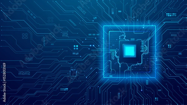 Fototapeta Technology circuit board background. Artificial Intelligence microchip with light blue neon electronics components. AI semiconductor concept. Tech bg is great for banners, presentations, and website.