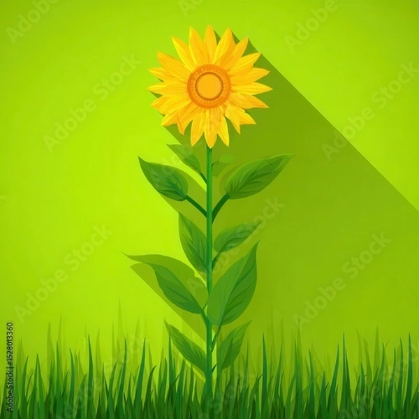 Obraz Vibrant sunflower illustration with long shadow on a lime green background.