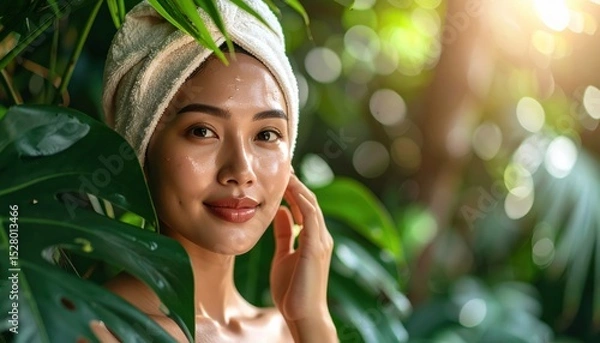 Obraz Woman with a towel on her head, glowing skin, smiling softly in a lush green setting with natural sunlight filtering through leaves