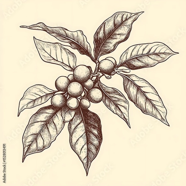 Obraz Minimal line art coffee plant drawing coffee berries leaves vintage sketch botanical illustration design