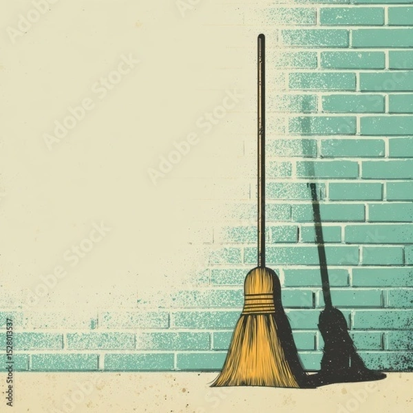 Obraz Hand-drawn illustration of a broom leaning against a teal brick wall.