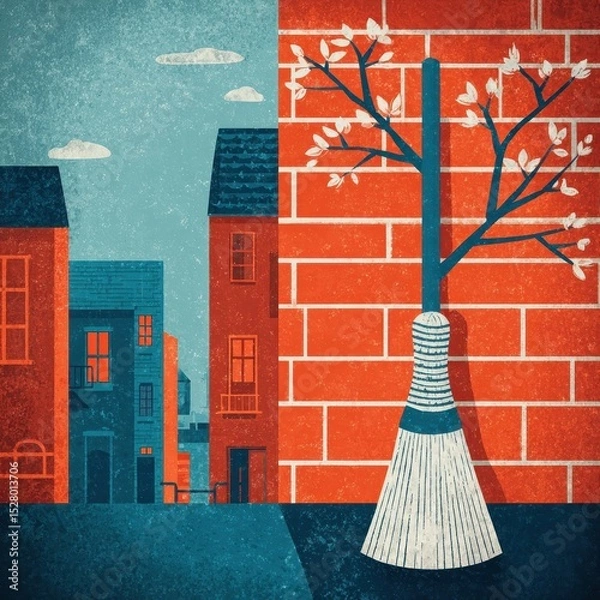 Obraz Cityscape scene with a broom and a tree branch.