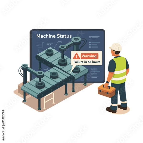 Obraz Isometric illustration depicting a factory worker reviewing a machine status alert predicting an impending system failure requiring immediate maintenance.