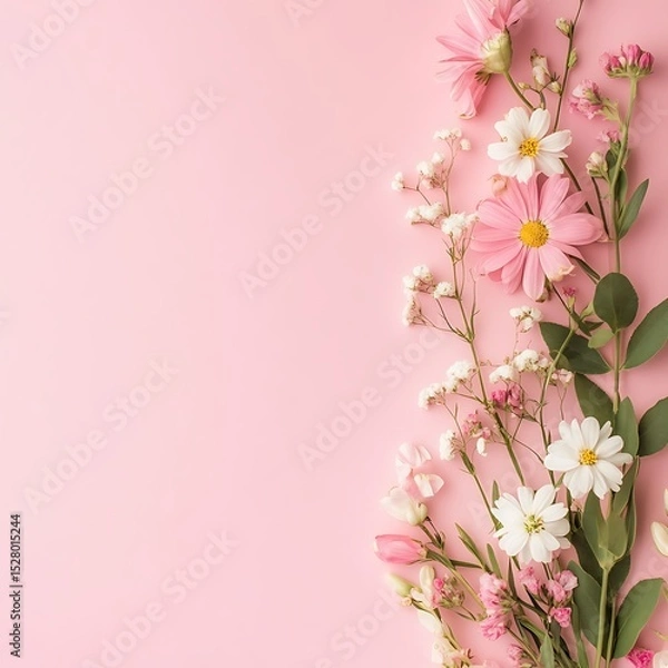 Obraz Flat lay spring floral background with white daisies and pink blossoms for romantic and seasonal design themes