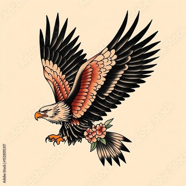 Obraz Flying eagle with spread wings and floral details in old school tattoo style for retro art collections