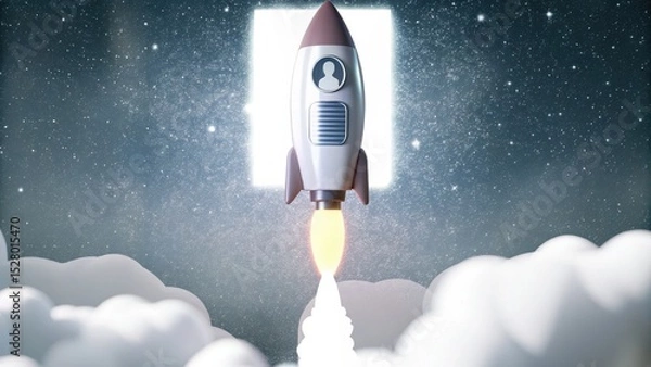 Fototapeta A rocket launches into a starry sky, leaving clouds behind, symbolizing exploration and adventure.
