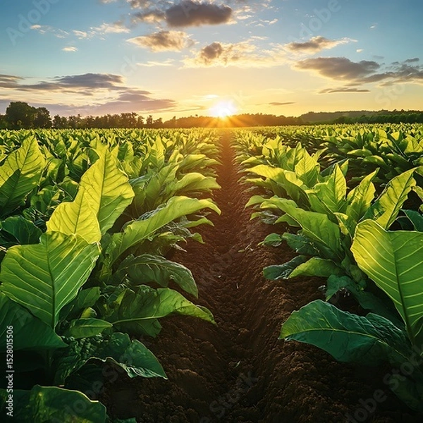 Obraz Golden hour shining tobacco leaves plantation agriculture landscape sunset crop farming scenic view image