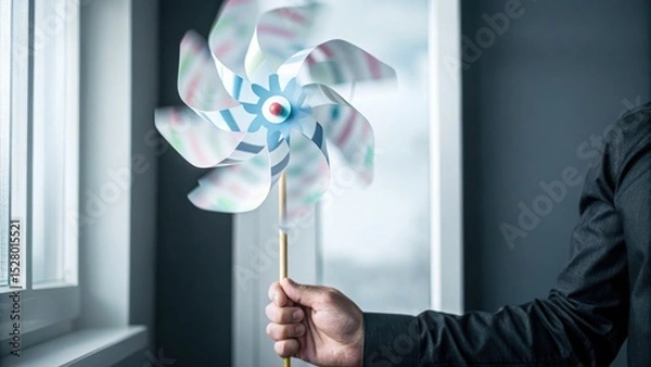 Fototapeta A person holds a colorful pinwheel by a window, with natural light illuminating the scene indoors.