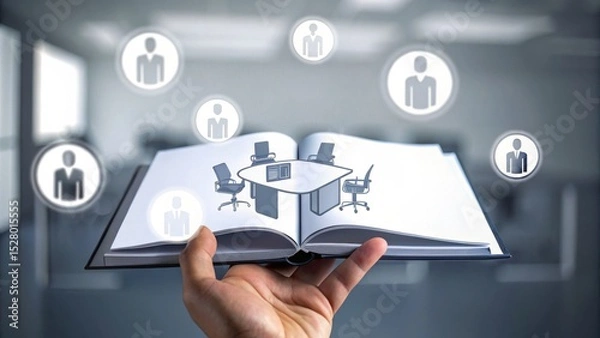 Fototapeta A hand holds an open book displaying a virtual office meeting scene, with business network icons floating above.