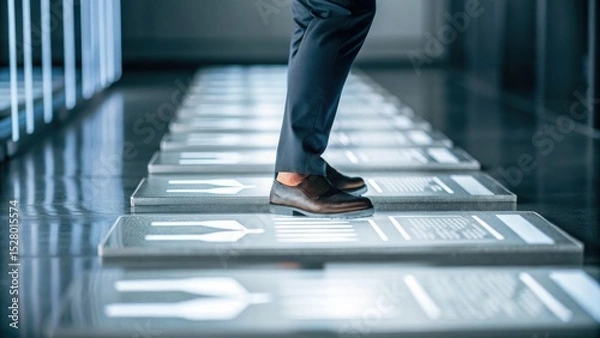 Fototapeta A person in formal shoes walks on illuminated, futuristic floor panels inside a modern, high-tech environment.