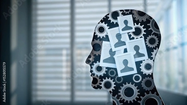 Fototapeta A silhouette of a human head filled with gears and profile icons, symbolizing memory, networking, and human cognition.