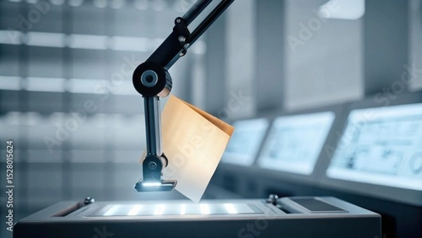 Fototapeta A robotic arm scans a document in a high-tech laboratory with digital screens in the background.