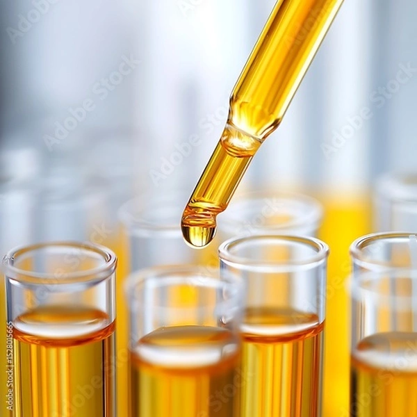 Obraz Glass test tubes with yellow chemical and pipette drop for healthcare, diagnostics, and biochemistry designs image
