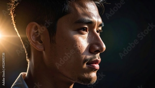Obraz Profile portrait of a young man against a dark background with sunlight illuminating his features, showcasing deep contemplation and emotion