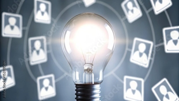 Fototapeta A glowing light bulb in front of connected profile icons, symbolizing networking, innovation, and ideas.