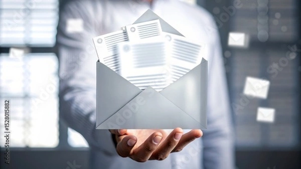 Fototapeta A person holds an open envelope with floating letters, documents, and emails, symbolizing digital communication and mail.