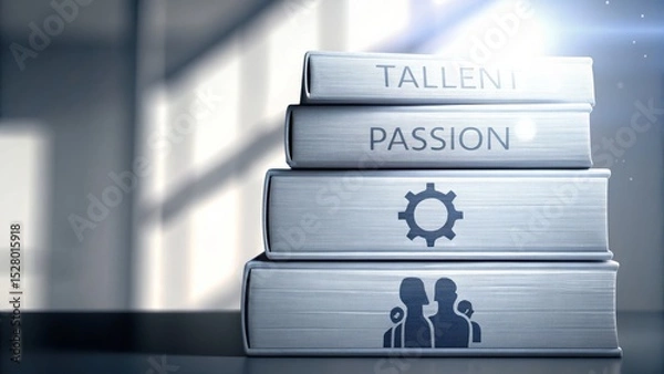 Fototapeta Stacked books labeled "Talent" and "Passion" with icons, symbolizing teamwork, skills, and motivation in a bright, modern setting.