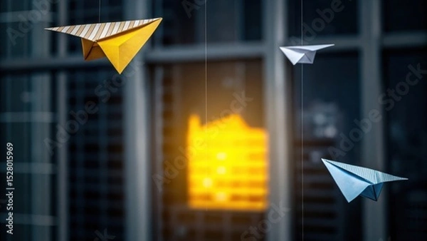 Fototapeta Three colorful paper planes suspended in front of a modern glass building with a bright yellow reflection in the background.