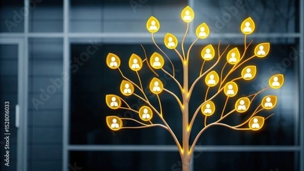 Fototapeta A glowing family tree with user profile icons on each branch, symbolizing connections and relationships.