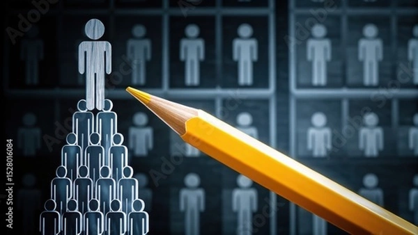 Fototapeta A pyramid of human icons symbolizes hierarchy and leadership, with a pencil pointing at the top figure, representing management or selection.