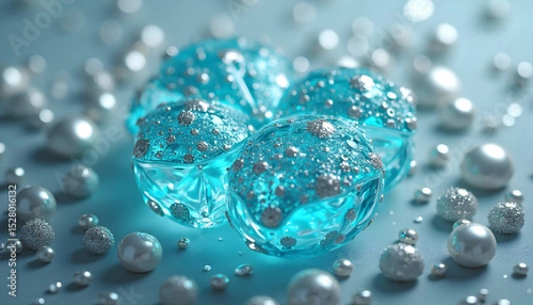 Fototapeta Abstract crystalline spheres and lustrous pearls shimmering in calming aqua and silver tones