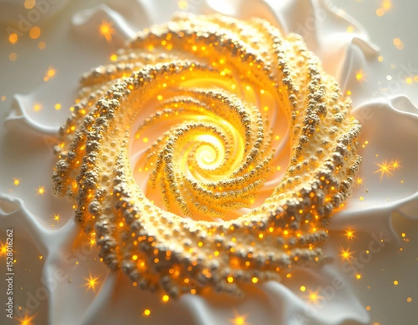 Fototapeta Luminous golden spiral with sparkling particle effects on draped white fabric