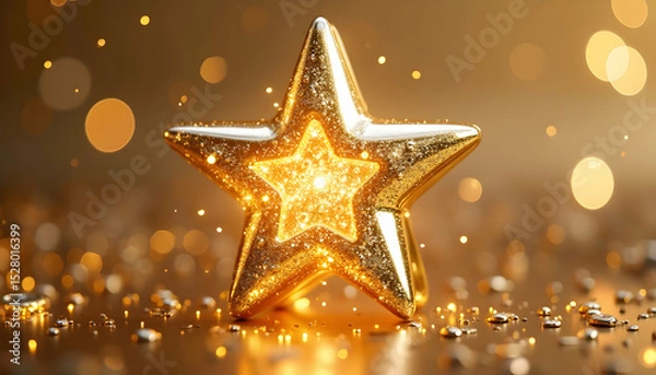 Fototapeta Radiant Golden Star Shining Brightly on a Sparkling Surface Background
