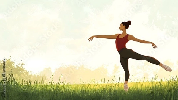 Obraz Woman practicing yoga pose outdoors in a tranquil setting surrounded by nature's beauty and calm