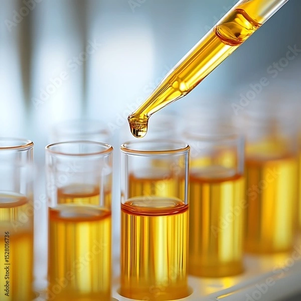 Fototapeta Macro shot of pipette with yellow fluid dripping into test tubes for biotechnology and chemical science visuals image