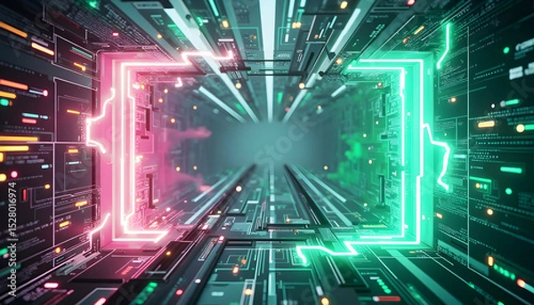 Fototapeta Futuristic data stream tunnel with neon glow shapes and digital circuitry elements
