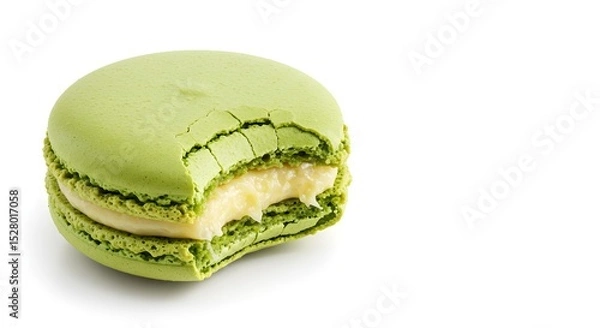 Fototapeta Close-up of a bitten macaron revealing creamy filling, isolated on white with copy space.