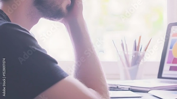Obraz Businessman sitting at desk with laptop and smartphone while managing work tasks efficiently
