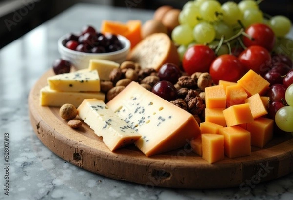 Fototapeta Assorted cheeses, grapes, and nuts arranged on a wooden platter for a cheese board display