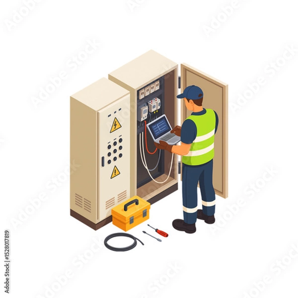 Obraz Skilled electrician troubleshooting electrical system inside a control panel using a laptop.  He is wearing safety gear and has tools nearby.  Ideal for industrial, energy, or electrical safety conten