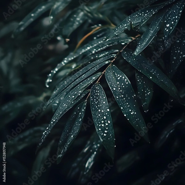 Obraz Sparkling water droplets on a leaf surface reflecting light in a beautiful natural setting