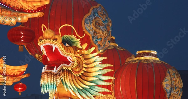 Fototapeta Beijing, China. Large Lantern Composition At Zigong Lantern Festival. National Color. Chinese Dragon Is Legendary Creature In Chinese Mythology Symbolize Potent And Auspicious Powers, Particularly