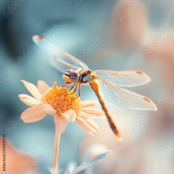 Obraz Dragonfly resting on beautiful flower displaying intricate wing patterns under natural light