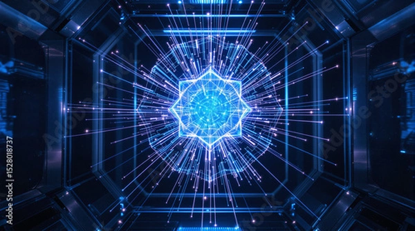 Fototapeta A glowing geometric starburst hologram in a futuristic high-tech chamber, symbolizing advanced technology, innovation, and digital transformation.