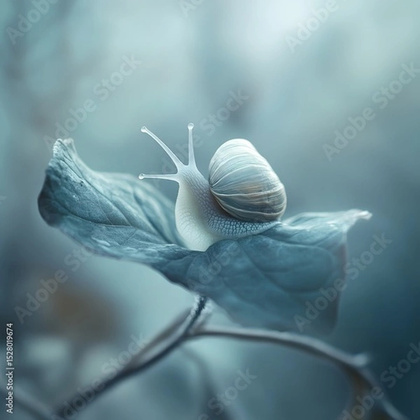 Obraz A close-up view of a snail on a leaf capturing the intricate details of its and surroundings