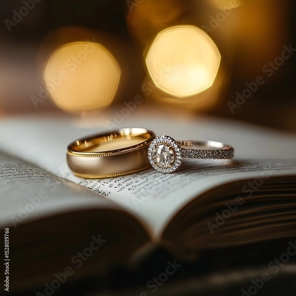 Obraz Two intertwined wedding rings positioned on book pages representing eternal love and unity
