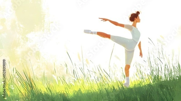 Obraz Woman demonstrating an advanced yoga pose in a scenic field embraced by nature's beauty