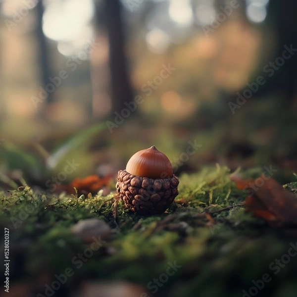 Obraz Charming mushroom growing in a dense forest surrounded by greenery and fallen leaves on the ground